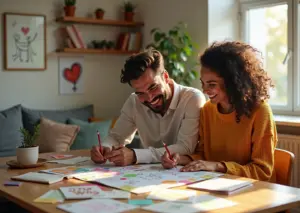 Пара рисует и обсуждает карту желаний в домашней обстановке, символы любви и планов на будущее видны на карте