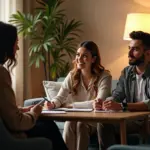 Сцена сеанса психотерапии с семьей и парой, отражающая темы КПТ, гештальт и психоанализа