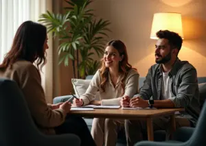 Сцена сеанса психотерапии с семьей и парой, отражающая темы КПТ, гештальт и психоанализа