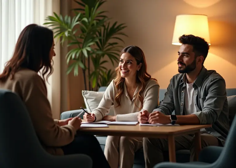 Сцена сеанса психотерапии с семьей и парой, отражающая темы КПТ, гештальт и психоанализа