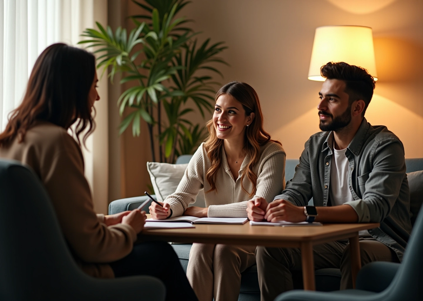 Сцена сеанса психотерапии с семьей и парой, отражающая темы КПТ, гештальт и психоанализа