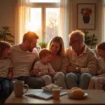 Счастливая многодетная российская семья с родителями и детьми в уютном домашнем окружении, символизирующая поддержку и единство